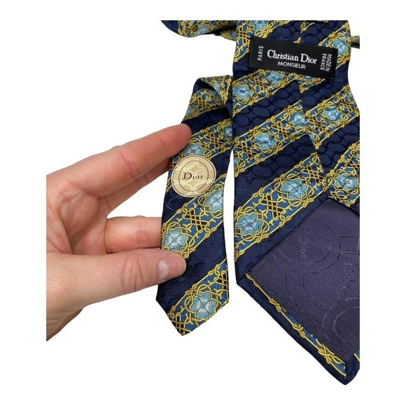 Vintage Christian Dior Blue Floral  with Gold Tonal Accents Silk Neck Tie - Picture 5 of 5